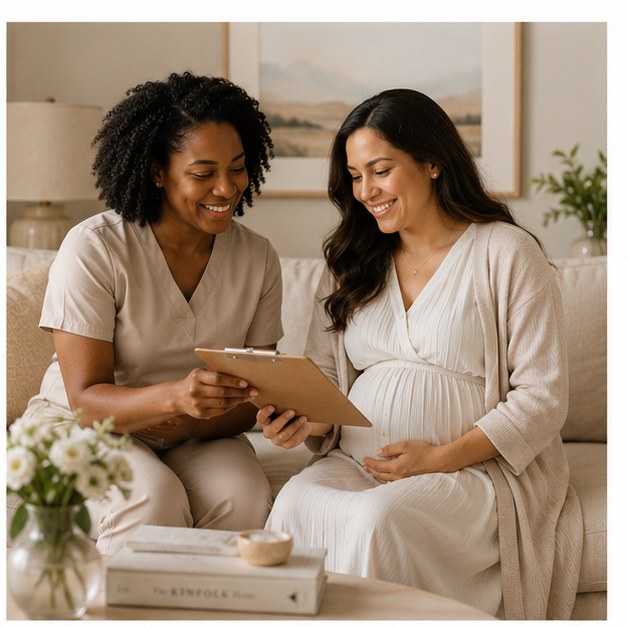 Purely Postpartum specialist consulting with an expecting mother
