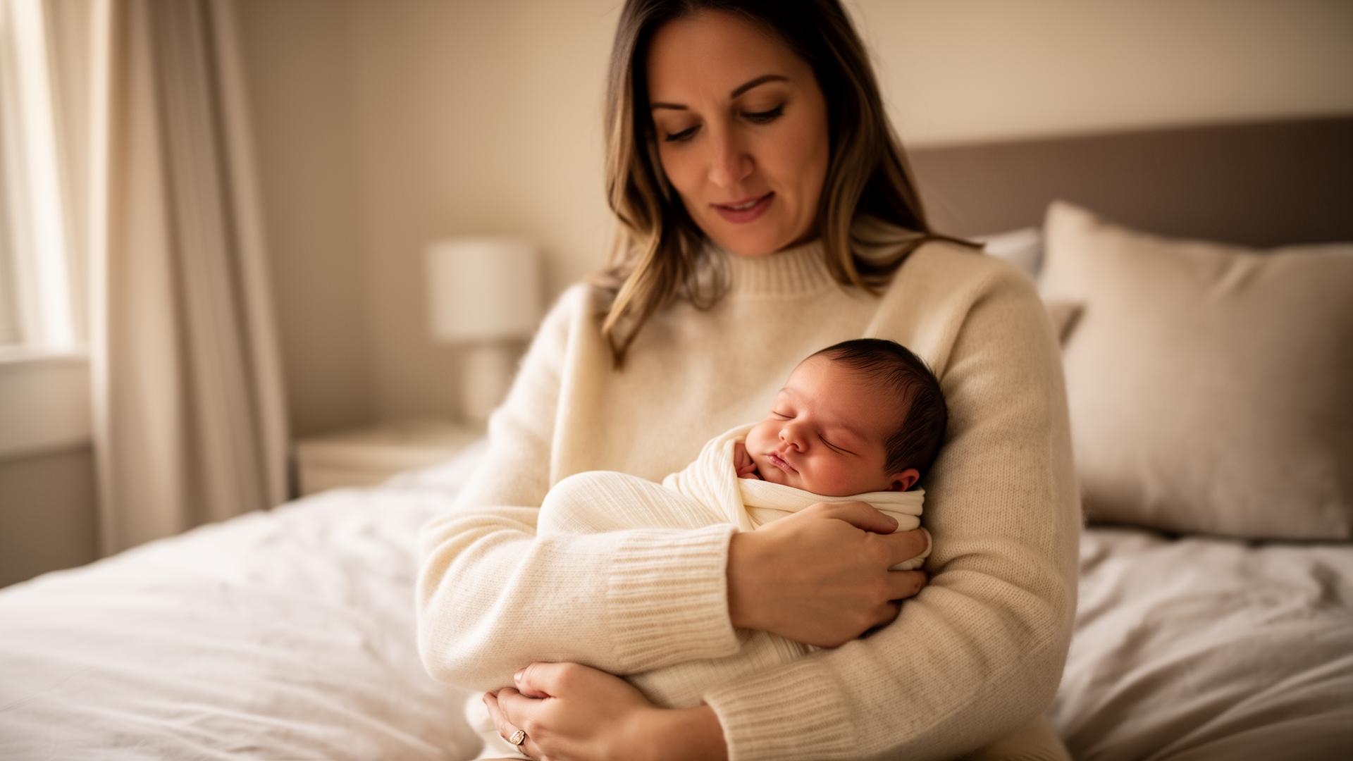Mother holding her newborn in soft natural light